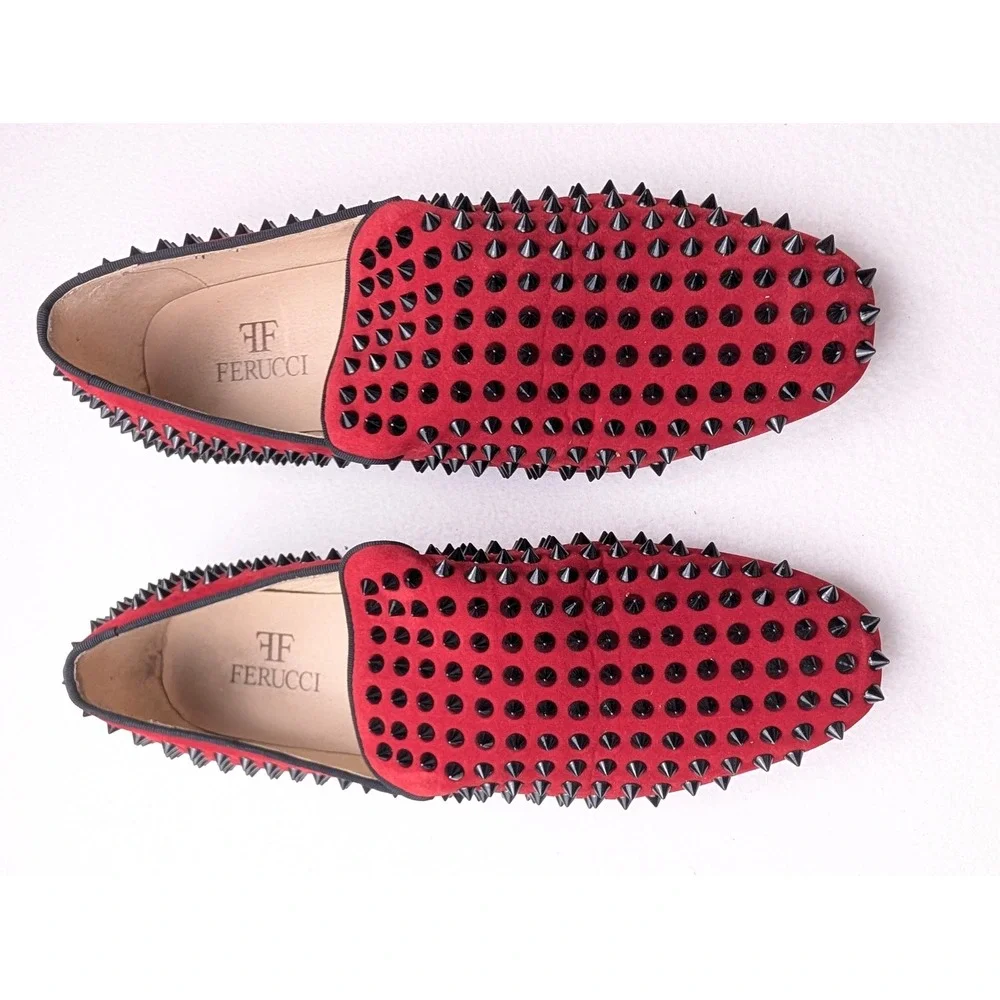 Ferucci Mens Red Suede Black Spiked Loafers Smoking Slippers SM106810-5 Size 9
